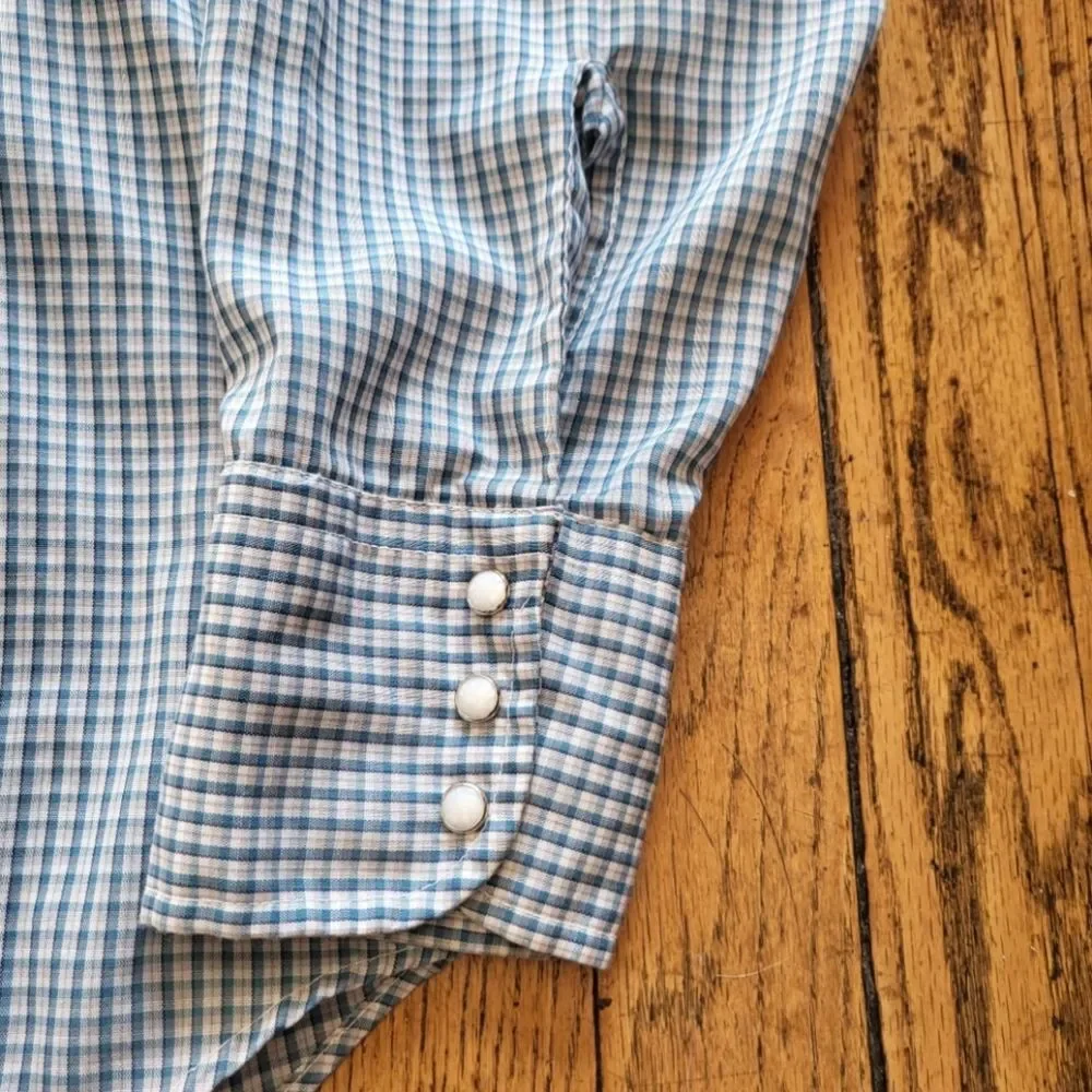 Levi Strauss & Co Vintage 1970s Pearl Snap Button Down Shirt Blue Plaid Size Med